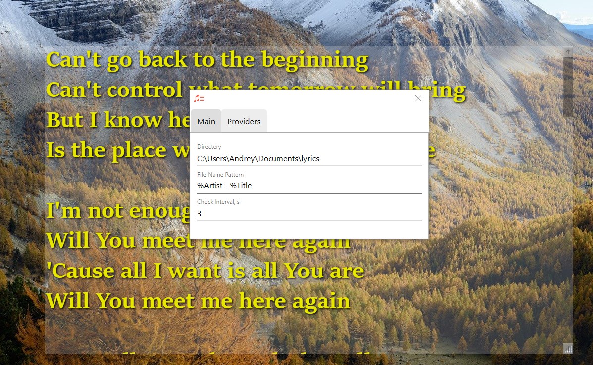 Lyrixound main window showing lyrics with the settings window open